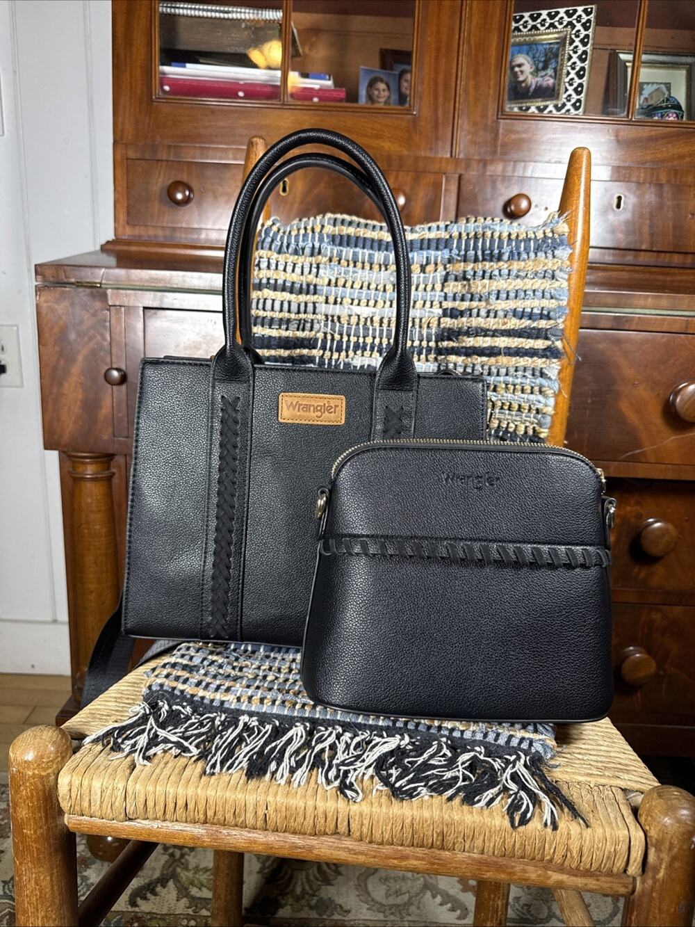 Wrangler Montana West Black Purse Set Tote Bag & Crossbody Whipstitch Western